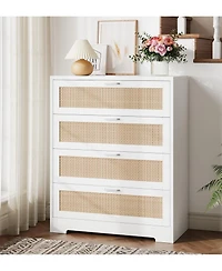 gaomon 4 Drawer Dresser for Bedroom, Rattan Chest of Dressers, Modern Wood Tall with Power Outlets