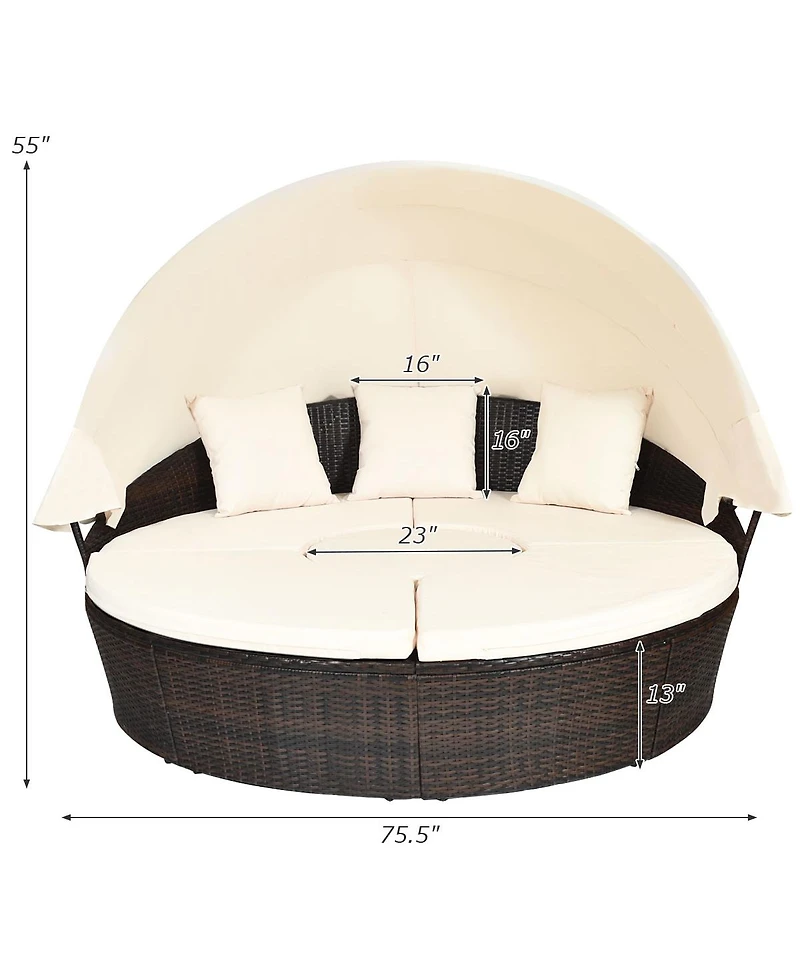 Gymax Cushioned Patio Rattan Round Daybed w/ Adjustable Table 3 Pillows Canopy