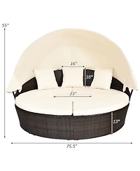 Gymax Cushioned Patio Rattan Round Daybed w/ Adjustable Table 3 Pillows Canopy