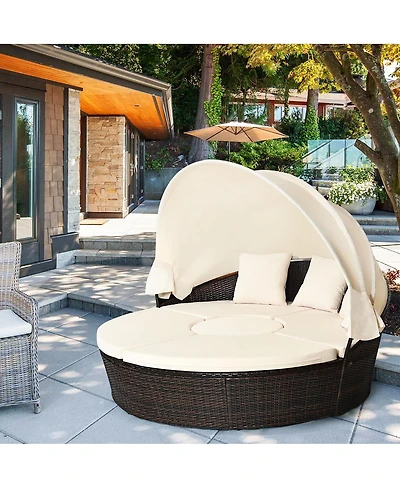 Gymax Cushioned Patio Rattan Round Daybed w/ Adjustable Table 3 Pillows Canopy