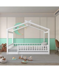 flynama Full Size Wood House Bed Fence
