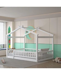 flynama Full Size Wood House Bed Fence