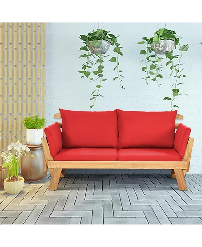Gymax Adjustable Patio Sofa Daybed Acacia Wood Furniture w/ Cushions