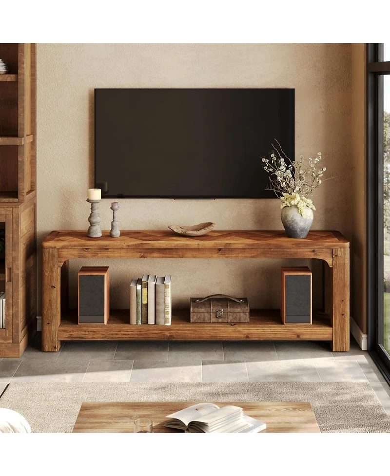 Tribesigns Solid Wood Tv Stand with Open Storage Shelves, Farmhouse Tv Stand for 65-Inch Tv
