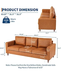 gaomon 85" Mid-Century 3-Seater Sofa Couch, Faux Leather Deep Seat, Comfy Cushions