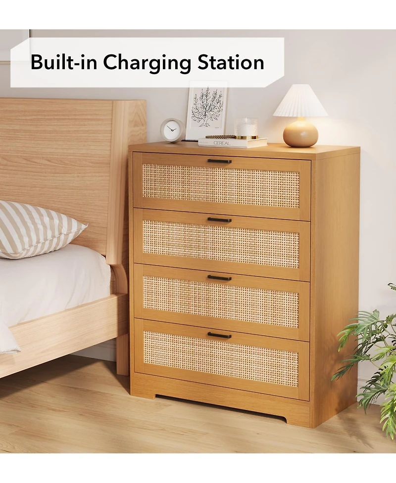 gaomon 4 Drawer Dresser for Bedroom, Rattan Chest of Dressers, Modern Wood Tall with Power Outlets