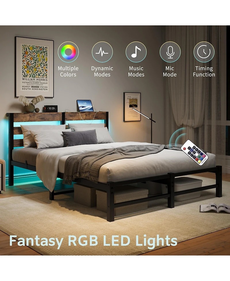 flynama Queen Size Metal Bed Wooden Headboard Rgb Lights Charger Storage