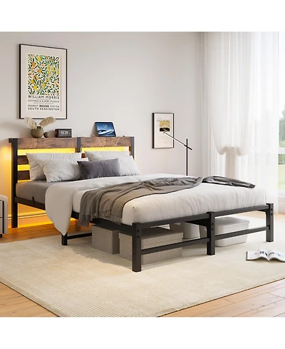 flynama Queen Size Metal Bed Wooden Headboard Rgb Lights Charger Storage
