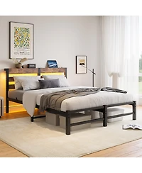 flynama Queen Size Metal Bed Wooden Headboard Rgb Lights Charger Storage