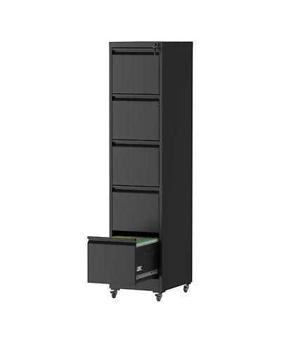 Rainsken 5 drawer metal locking file cabinet with wheels for home office, heavy duty storage for letter, legal, and A4 files.
