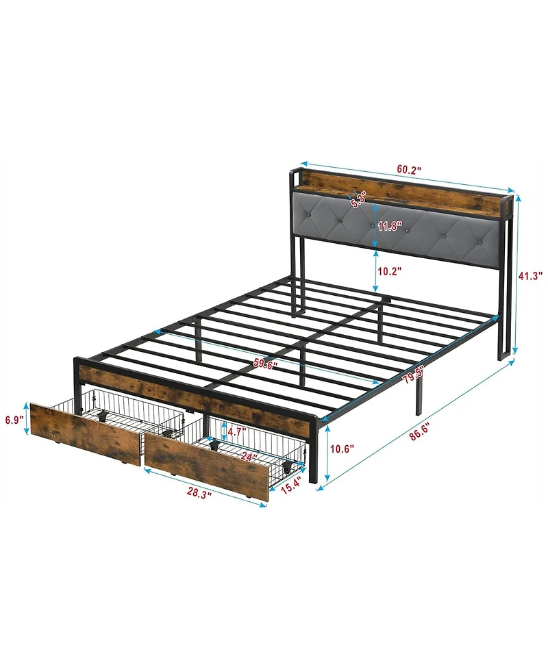Rainsken Queen Size Heavy Duty Metal Platform Bed Frame with 2 Storage Drawers, Charging Station and Led Light Upholstered Headboard for Bedroom