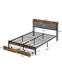 Rainsken Queen Size Heavy Duty Metal Platform Bed Frame with 2 Storage Drawers, Charging Station and Led Light Upholstered Headboard for Bedroom