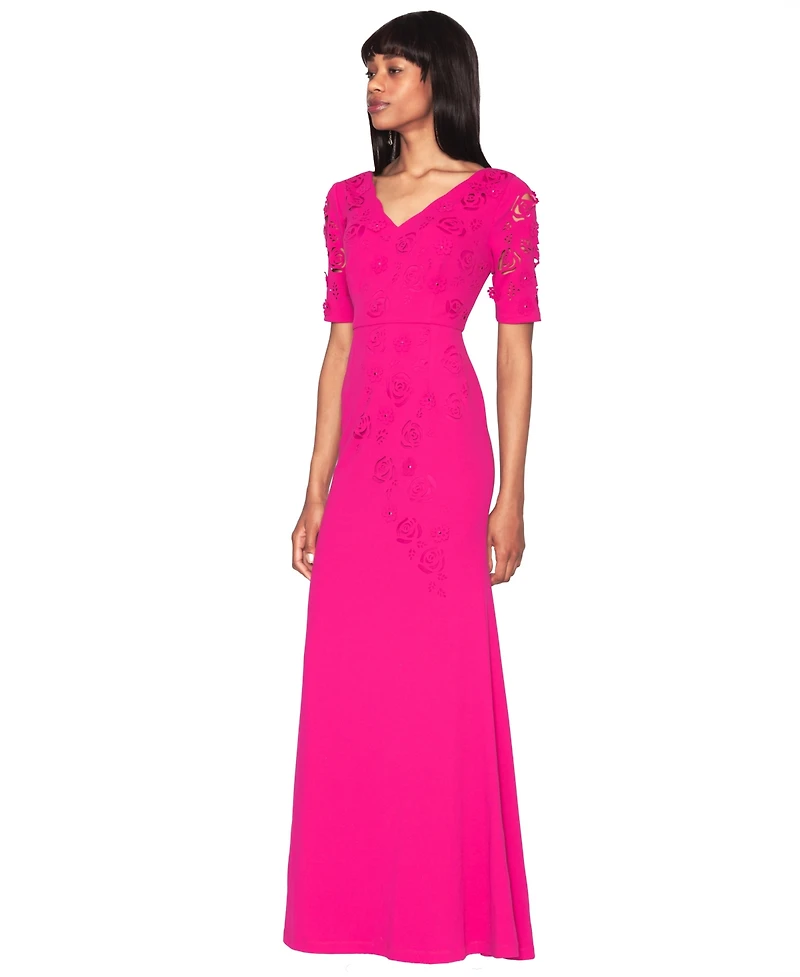White Tie by Shani Short-Sleeve V-Neck Laser Cut Gown