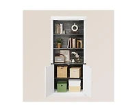 gaomon Tall Storage Bookcase with 3-Tier Open Shelves and Double Door, Roman Column Design and 4 Adjustable Lights, White & Black Wood Grain Display S
