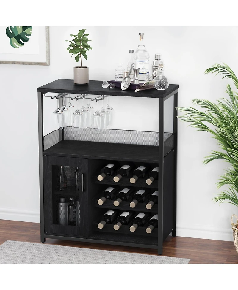 gaomon Wine Bar Cabinet with Detachable Wine Rack, Bar Rack Cabinet with Glass Holder and 1 Drawer, Mesh Door