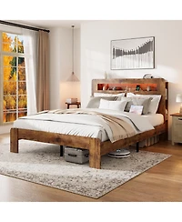 flynama King Size Wood Platform Bed Led Storage Headboard 2 Usb Charging Noise Free