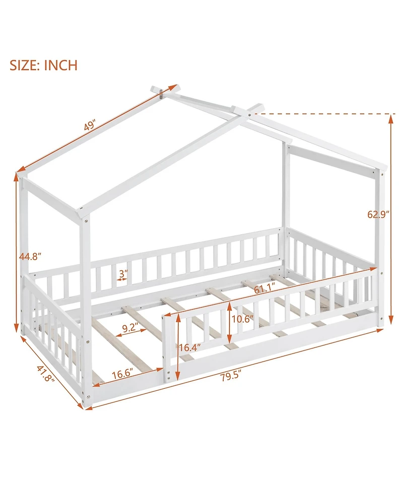 flynama Twin Size Wood House Bed Roof Fence Pine Wood Frame 7 Slats Kids Bedroom