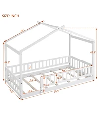 flynama Twin Size Wood House Bed Roof Fence Pine Wood Frame 7 Slats Kids Bedroom