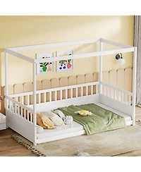 flynama Twin Size Wooden Canopy Floor Bed With Guardrails Four Poster Design For Kids