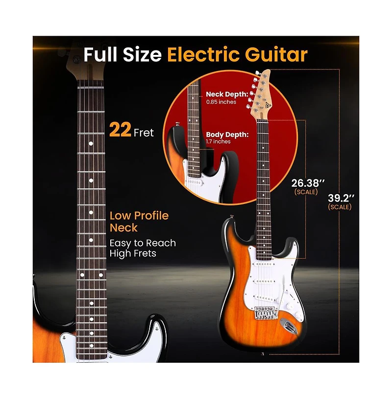 Pyle 39.2 Full-Size 6-String Electric Guitar Kit with 5W Amplifier and Accessories PEGKT400NB