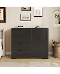 gaomon Multifunctional Wooden Dresser for Bedroom, 43.3 H 2 Door Wardrobe Armoire Closet with 4 Drawers and Hanging Rod