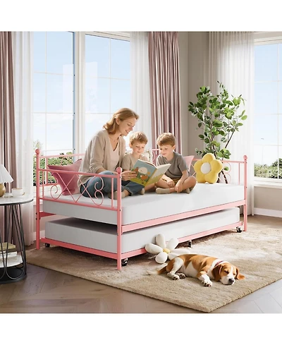 gaomon Daybed with Trundle, Twin Bed with Heart-Shaped Headboard, Sturdy Metal Frame with Slat Support