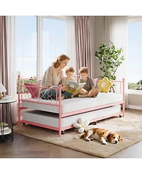 gaomon Daybed with Trundle, Twin Bed with Heart-Shaped Headboard, Sturdy Metal Frame with Slat Support