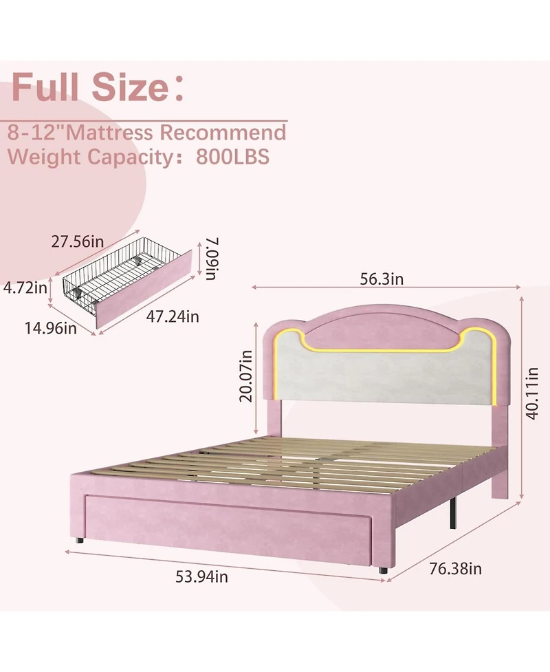 gaomon Upholstered Bed Frame with Led Lights, Fabric Headboard, Princess Platform Bed, Wood Slats, No Box Spring
