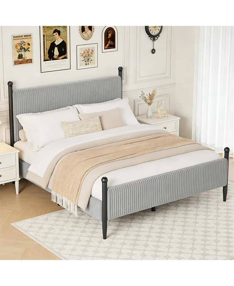 gaomon Velvet Corduroy Fabric Bed Frame, Plywood and Iron Construction, Cone-Shaped Iron Foot