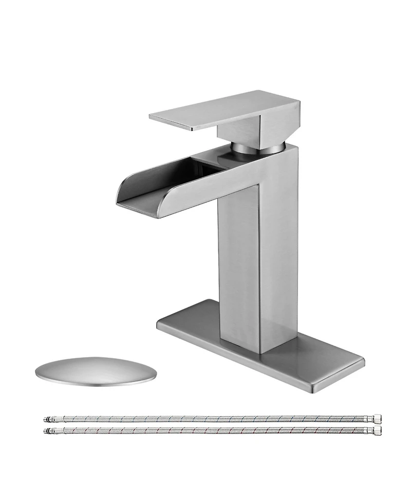 Busdays Brushed Nickel Waterfall Bathroom Faucet, Single Handle, 1/3 Hole with Deck Plate and Overflow Pop-Up Drain