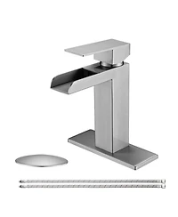 Busdays Brushed Nickel Waterfall Bathroom Faucet, Single Handle, 1/3 Hole with Deck Plate and Overflow Pop-Up Drain