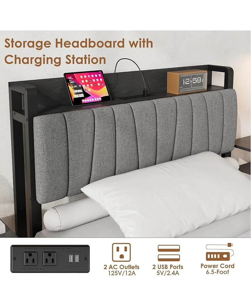 gaomon Bed Frame with Storage Drawer, Industrial Bed with Upholstered Headboard and Charging Station, No Box Spring Needed