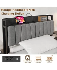gaomon Bed Frame with Storage Drawer, Industrial Bed with Upholstered Headboard and Charging Station, No Box Spring Needed