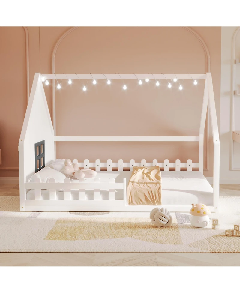 flynama Full Size Wood House Bed Window Fence