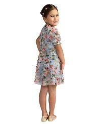 Mac Duggal Girls Floral Mesh Tiered Ruffle Puff Sleeve Party Dress