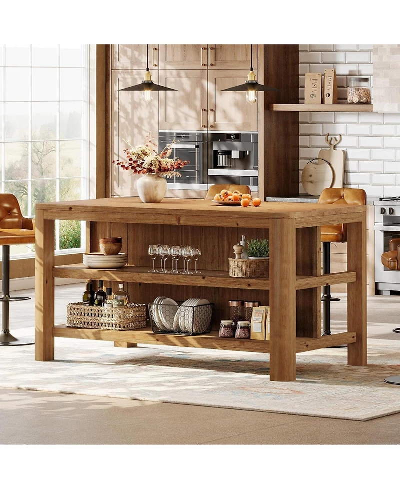 Tribesigns 63-Inch Solid Wood Kitchen Island with Storage Shelves, Farmhouse Island Table with Seating, Counter Height Bar Table