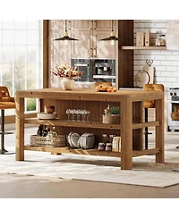 Tribesigns 63-Inch Solid Wood Kitchen Island with Storage Shelves, Farmhouse Island Table with Seating, Counter Height Bar Table