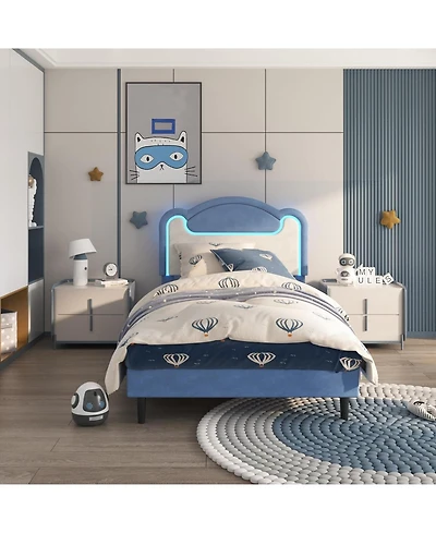 gaomon Upholstered Bed Frame with Led Lights, Fabric Headboard, Princess Platform Bed for Girls, Wood Slats