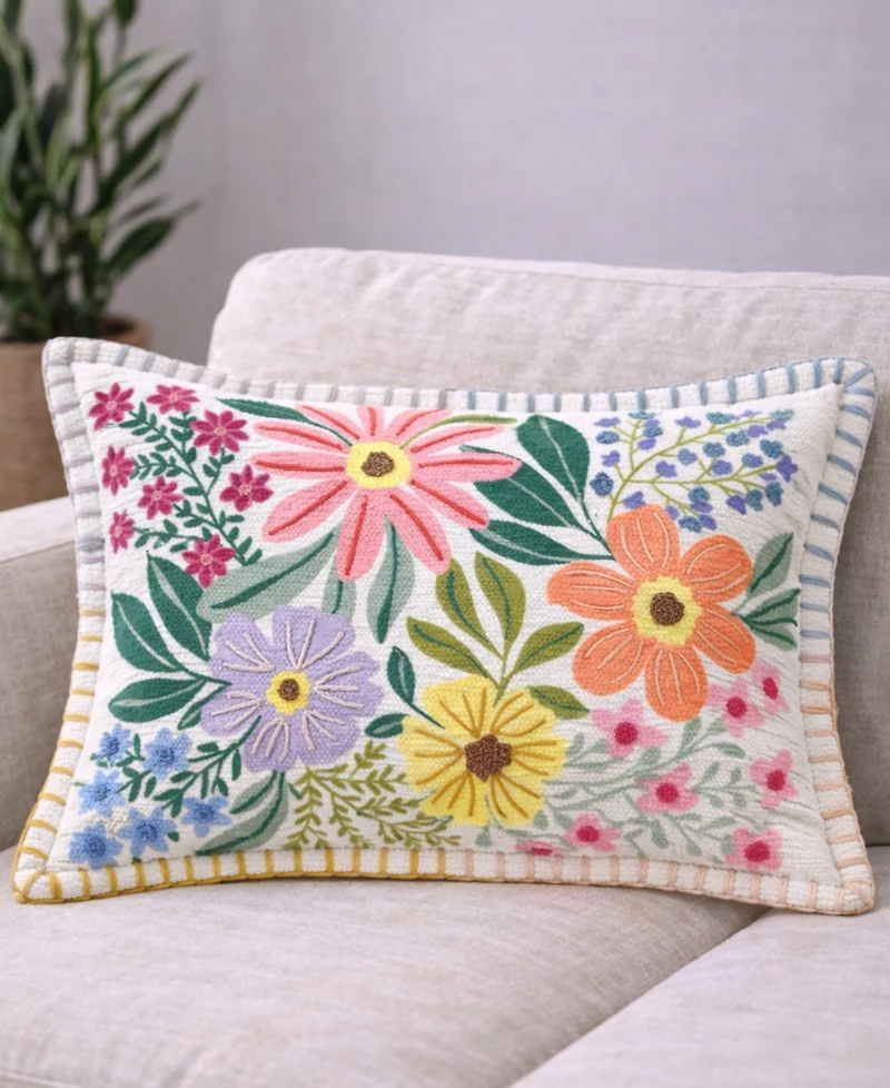 Vibhsa Backyard Garden Floral Embroidered Lumbar Decorative Pillow, 14" x 20"