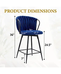 Rainsken Velvet Bar Stool Set of 2, Swivel Counter Height Chairs with Metal Frame and Woven Rope Backrest for Kitchen Island, Home Pub