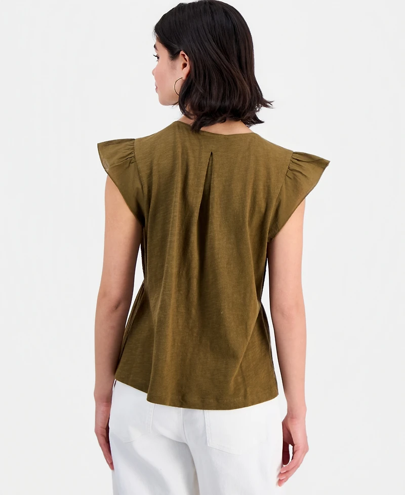 Democracy Petite Embroidered Cotton Flutter-Sleeve Top