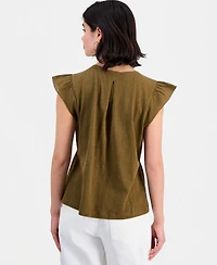 Democracy Petite Embroidered Cotton Flutter-Sleeve Top