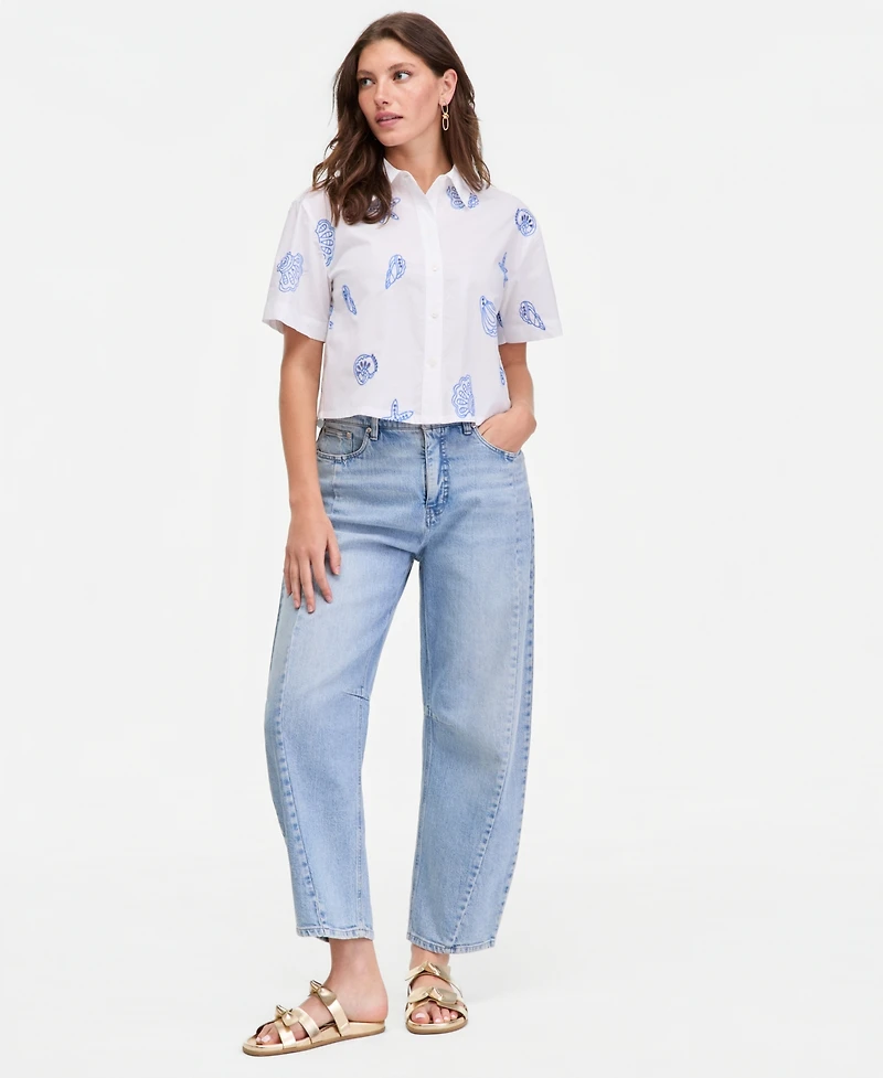 On 34th Women's Cotton Two-Tone Embroidered Eyelet Short-Sleeve Shirt, Macy's Exclusive