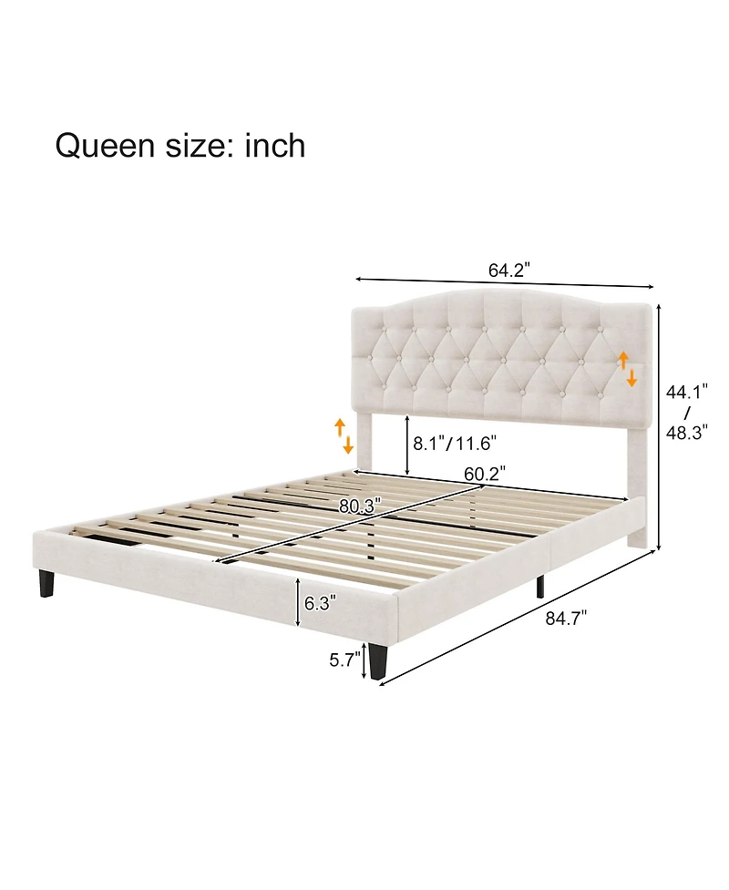 flynama Upholstered Platform Bed Saddle Curved Adjustable Headboard Diamond Tufted Beige No Box Spring
