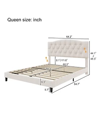 flynama Upholstered Platform Bed Saddle Curved Adjustable Headboard Diamond Tufted Beige No Box Spring