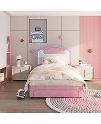 gaomon Twin Size Upholstered Bed Frame with Led Lights, Fabric Headboard, Princess Platform Bed, Wood Slats, No Box Spring, with Drawer