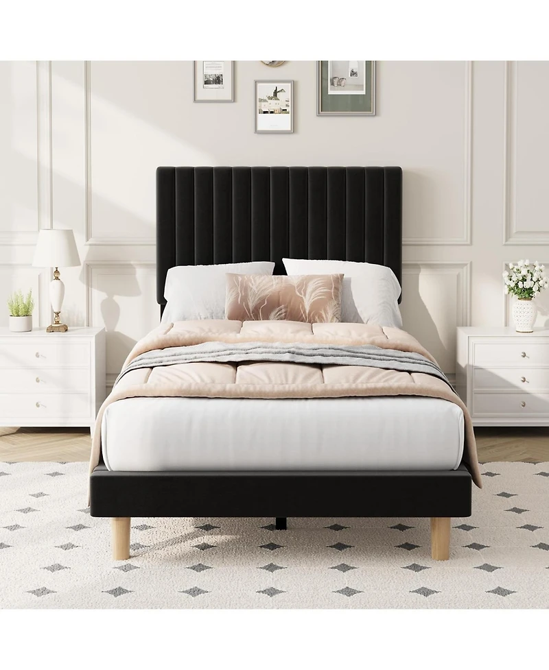 gaomon Twin Size Iron + Mdf Tall Vertical Stripe Bed Frame, Black Upholstered Bed with Modern Design, No Box Spring Needed