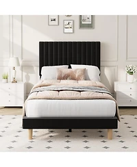 gaomon Twin Size Iron + Mdf Tall Vertical Stripe Bed Frame, Black Upholstered Bed with Modern Design, No Box Spring Needed