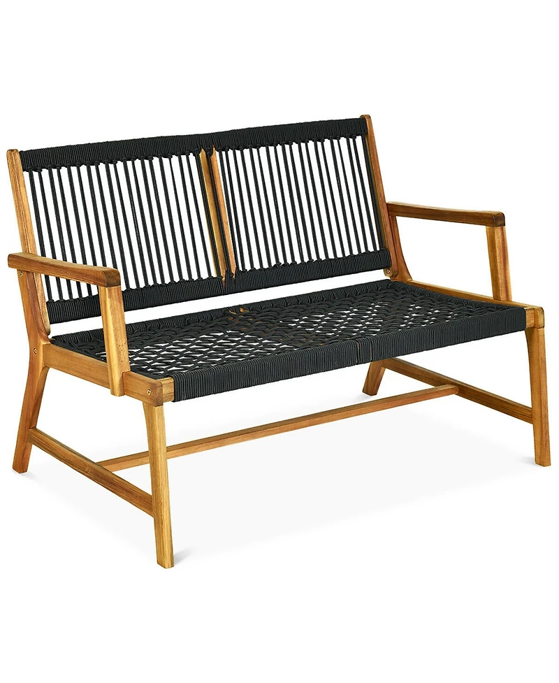 Gymax Wooden Rope Bench Loveseat Patio Garden Outdoor w/ Backrest and Armrest