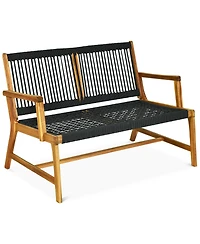 Gymax Wooden Rope Bench Loveseat Patio Garden Outdoor w/ Backrest and Armrest